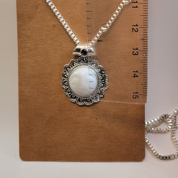 Vintage Silver Necklace with Moon Face Pendant Mother of Pearl and Purple Gem - Picture 4 of 10